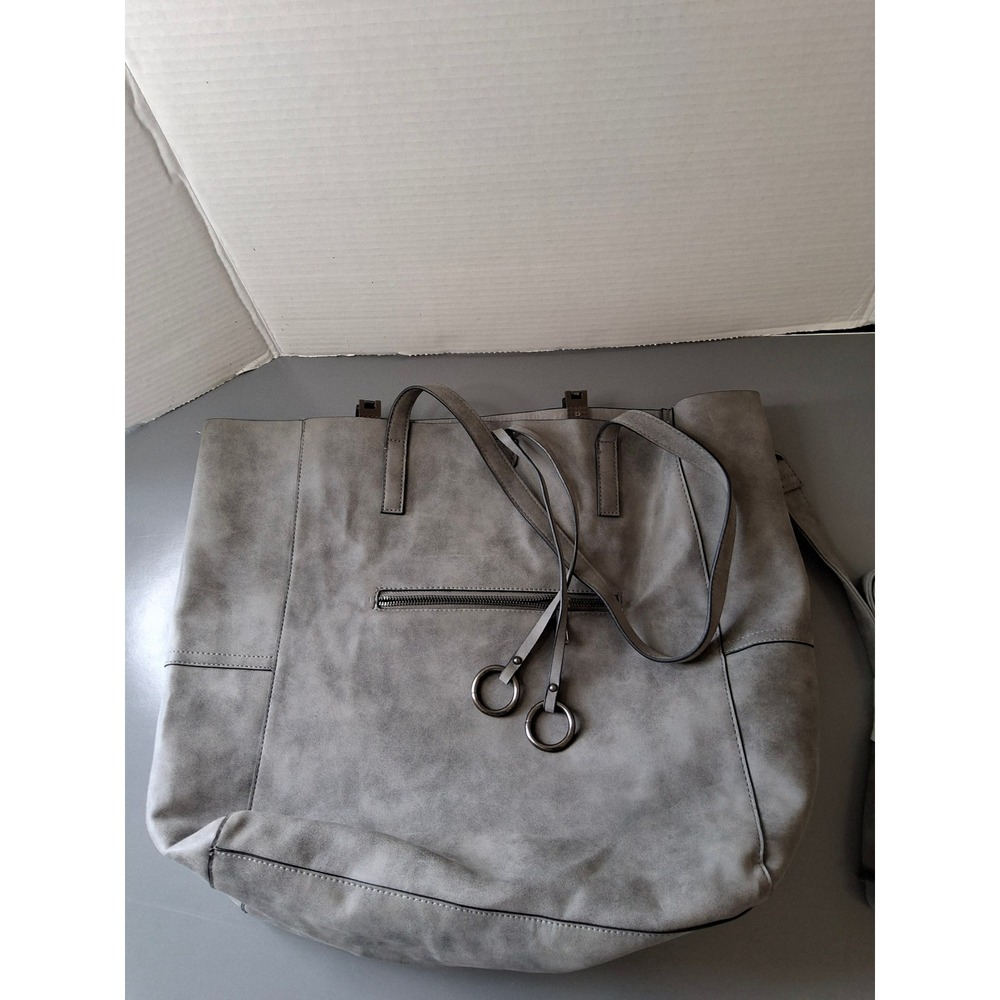 Large Grey Faux Leather Tote Bag Crossbody Distressed Suede Finish Gunmetal Hrdw